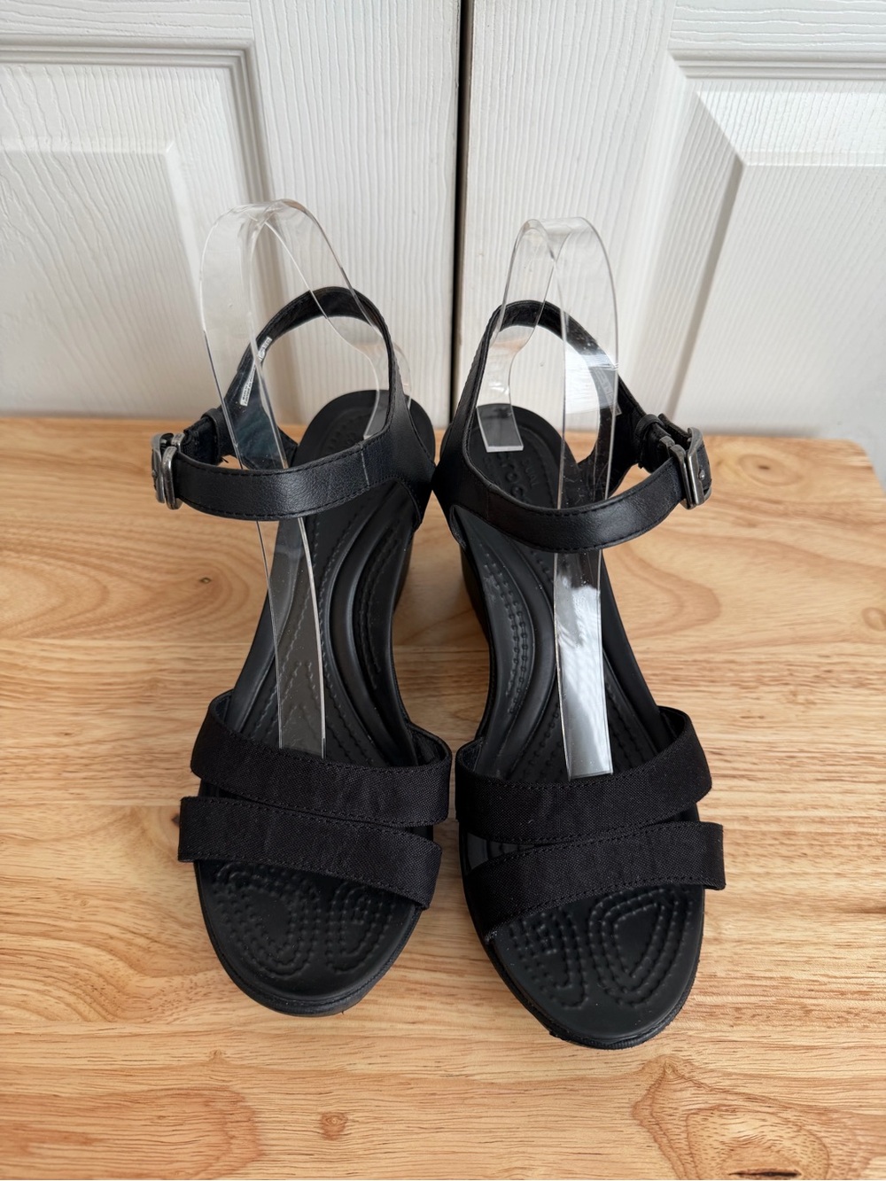 Crocs Leigh II Wedges Black Canvas Ankle Strap Sandals Y2K Minimalist Chic W7 - Picture 2 of 12